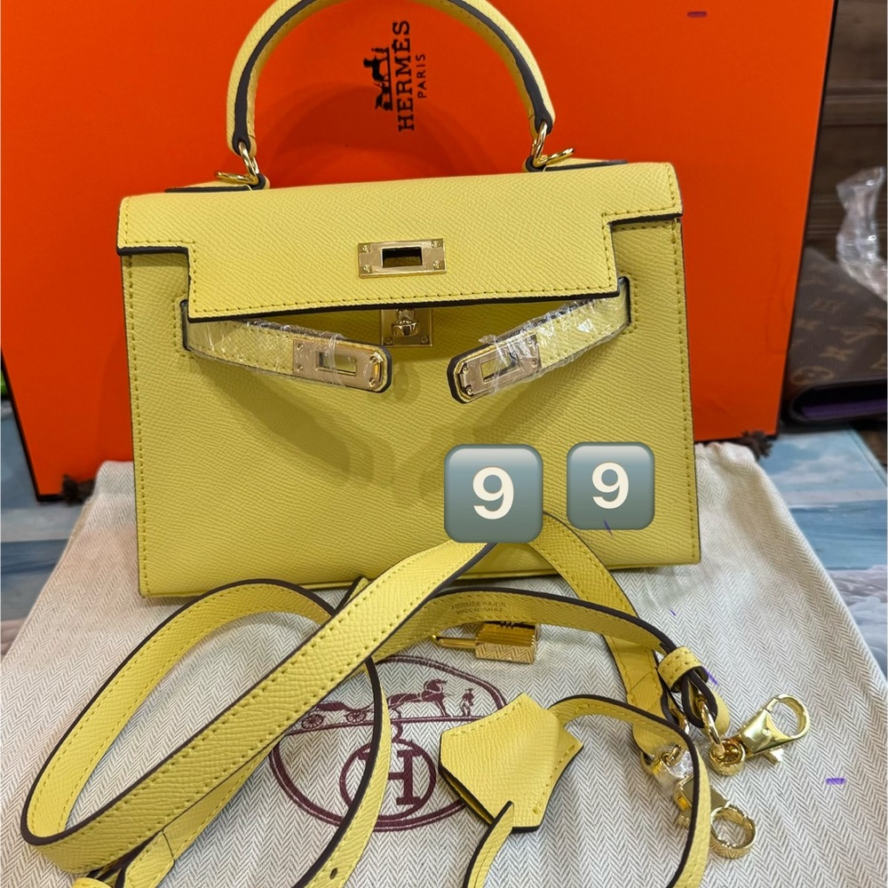 Kelly 22 style mini top handled bag in yellow Epsom leather with dust bag new